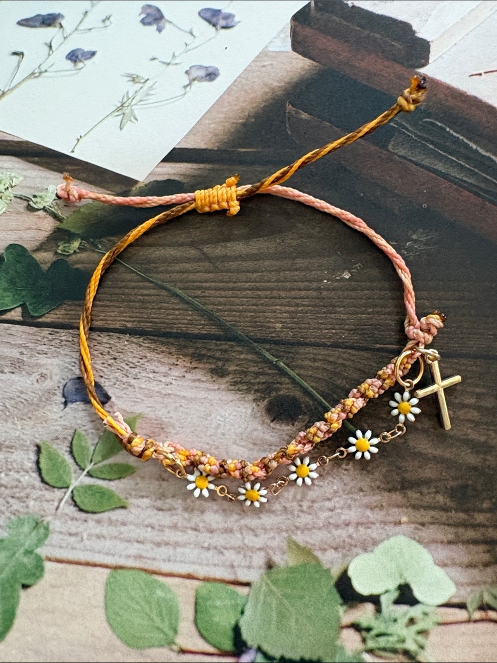 Handcrafted Adjustable Beach Boho Wax String Bracelet with Daisy & Cross Charms